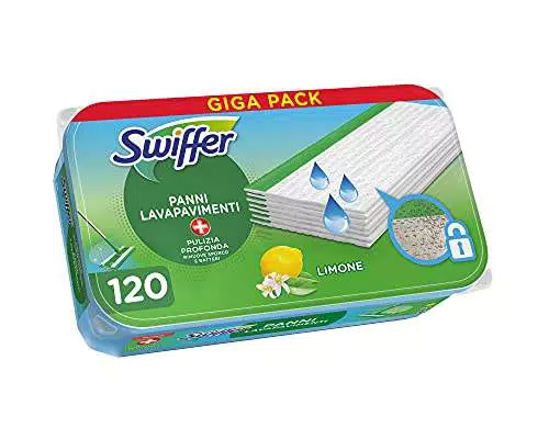 Swiffer Lavapavimenti Wet, 120 Panni Umidi, Limone, Pulizia Igienica Profonda