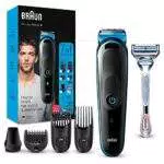 Braun Regolabarba Tagliacapelli Uomo Rasoio incluso, Rifinitore Barba, Accessori Inclusi, 85% di Plastica in Meno, Idea Regalo, MGK3242 All-in-One Nero e Blu