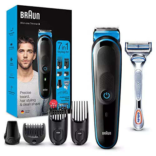 Braun Regolabarba Tagliacapelli Uomo Rasoio incluso, Rifinitore Barba, Accessori Inclusi, 85% di Plastica in Meno, Idea Regalo, MGK3242 All-in-One Nero e Blu