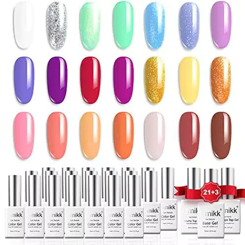 Umikk Gel Smalto per unghie Set 21 colori 5ml con base No Wipe Top Matte Top Coat 10ml Soak Off UV LED Cure Verde argenteo Blu Viola Arancione Golden Shimmer