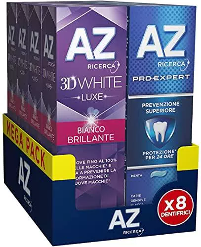 Dentifricio AZ 3D White Luxe & Pro Expert, con Azione Sbiancante Denti, 8 pezzi