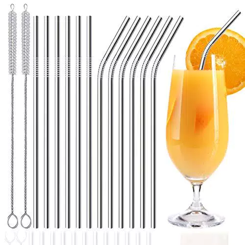 Cannucce Acciaio Inox, Set da 15 Cannucce di Metallo Riutilizzabili con Due Spazzole per Pulire