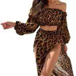 chuangminghangqi 2 Pezzi Abito da Spiaggia Bikini Cover up Stampa Leopardata Copricostume Donna Crop Top a Manica Lunga + Gonna Lungo Elegante