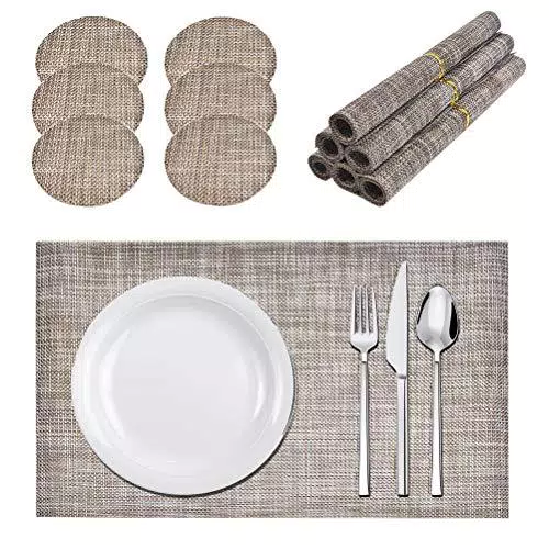 DODUOS 6 Set Tovagliette Americana Lavabili PVC Quatrato 45x30cm Tovagliette Rotondo 10cm Tavola Pranzo Tappetini americana Antiscivolo Resistenti al Calore per Cucina e Tavola