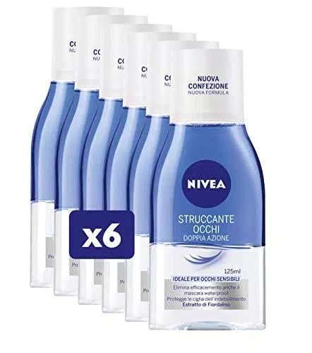 Nivea Struccante Occhi Doppia Azione in Confezione da 6 x 125 ml struccante Bifasico con Estratti di Fiordaliso