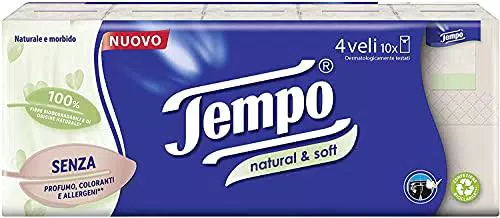 Tempo Fazzoletti Tascabili, 4 Veli Natural & Soft, 10 pacchetti da 9 fazzoletti