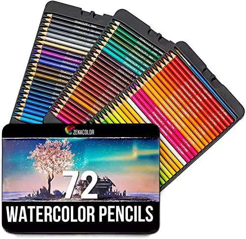 Zenacolor 72 Matite acquerellabili Pennello e Astuccio per Disegno in Metallo Scatola di Matite Colorate - Solubili