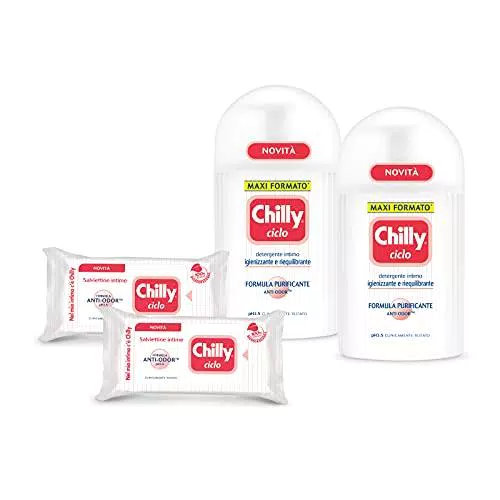 Chilly, Kit Routine con Detergente Intimo Ciclo e Salviette Igiene Intima - Detergente per L'Igiene Intima con Formula Purificante - Salviettine Ideali per Uso Quotidiano - pH 3.5-4 Pezzi