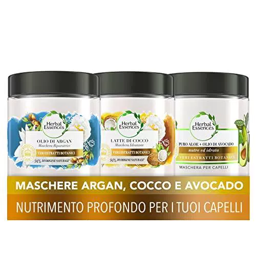 Herbal Essences Pure Renew, Maschera Idrata Capelli al Latte di Cocco + Essences Maschera Per Capelli Con Puro Aloe + Essences Maschera Olio Di Argan