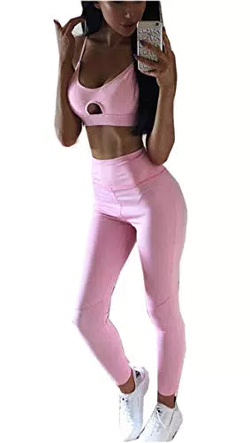 Loalirando Completo Sportivo Donna Tuta da Ginnastica Rosa 2 Pezzi Canotta Sportiva Corta+ Pantaloni a Vita Alta Sportwear per Yoga Corso Palestra Fitness