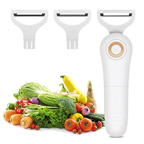 POWERGIANT Pelapatate Elettrico, 3 in-1 Sbuccia Patate Elettrico Multifunzione con 3 Lame di Ricambio Affilate Pela Carote Elettrico per Affettatrice di Frutta e Verdura