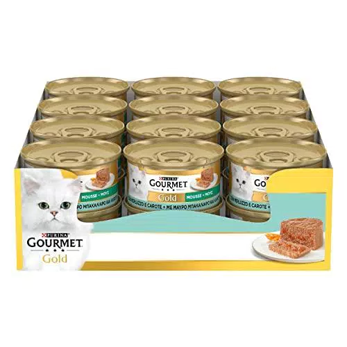Purina Gourmet Gold Mousse Cibo Umido per Gatti con Merluzzo e Carote