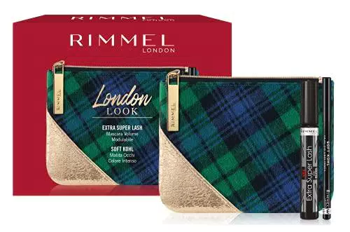 Rimmel London, Confezione Regalo Donna London Look, Pochette Metalizzata e Tartan con Mascara Extra Super Lash e Matita Occhi Soft Kohl Kajal