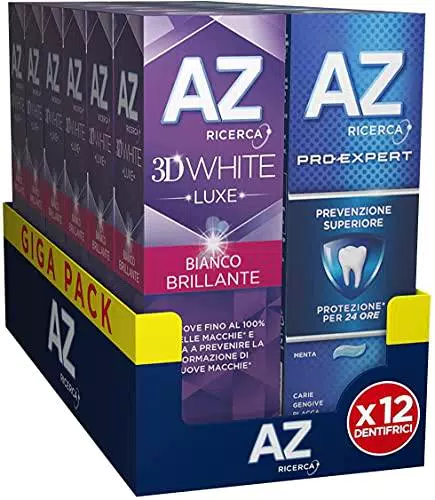 Dentifricio AZ 3D White Luxe & Pro Expert, con Azione Sbiancante Denti, 12 pezzi
