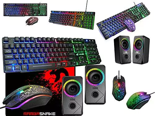 Gioco Mouse e Tastiera, Tappetino per Mouse, Con 2 mini altoparlanti desktop - Kit 4 in 1 Pacchetto Combinato per Giocatori PC