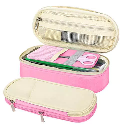MoKo Astuccio di Grande Capacità, Borsetta Porta Matite Grande Capacità per Matita Penna Borsa della Cancellaria con Zipper per Scuola Ufficio per Bambini Adulto - Beige + Rosa