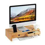 Relaxdays Supporto per Monitor, in bambù, Rialzo per PC con 2 Tiretti & Scomparti