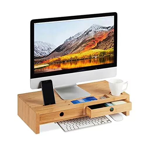 Relaxdays Supporto per Monitor, in bambù, Rialzo per PC con 2 Tiretti & Scomparti