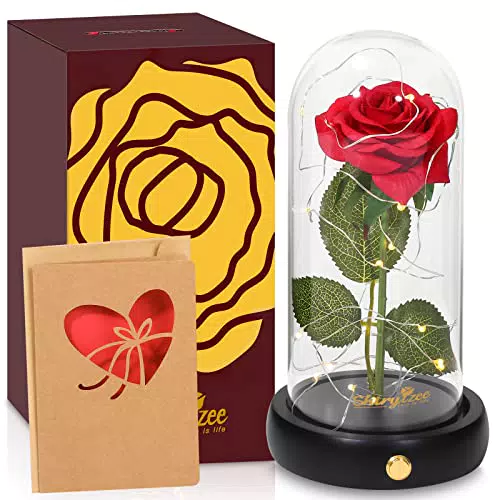 Rose Eterna, La Bella e La Bestia Rosa Luci Cupola di Vetro con Base Pino Luce a Led Kit di Rosa Fiore Regalo per Festa della Mamma Anniversario San Valentino di Matrimonio Decorazioni