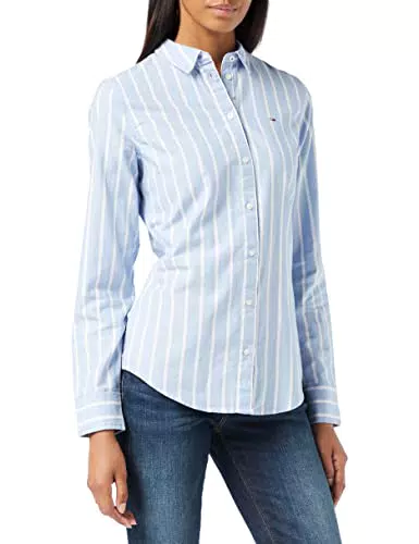 Tommy Jeans Tjw Camicia Slim Oxford a Strisce, White/Moderate Blue