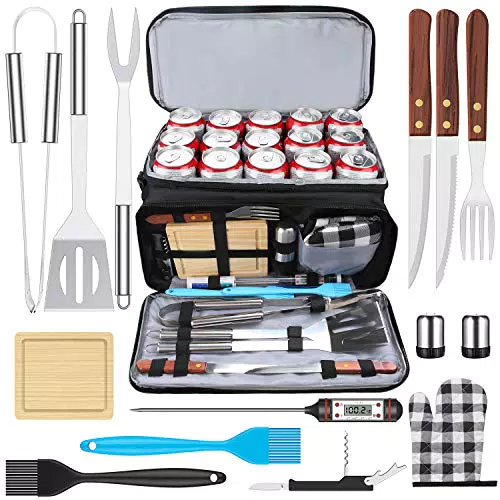 AISITIN 15 Pezzi Set Barbecue di Attrezzi, Kit per il Barbecue in Acciaio Inossidabile con Borsa Del Ghiaccio