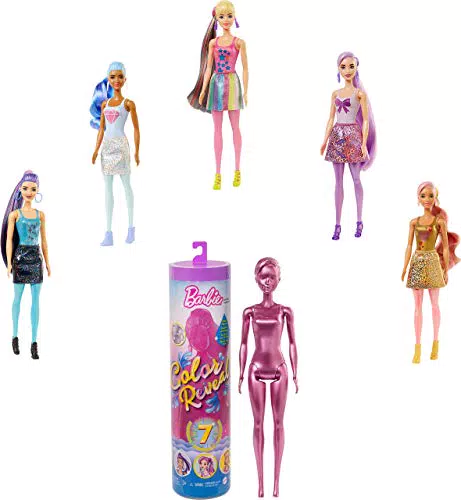 ​Barbie Color Reveal Serie Metallic, Bambola con 7 Sorprese