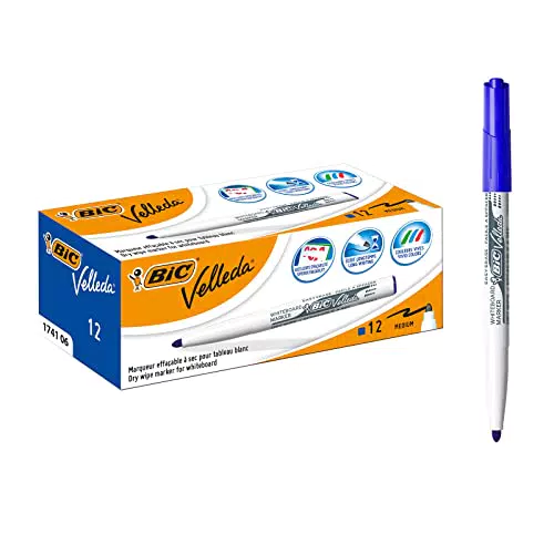 BIC Velleda, Pennarelli Blu Lavagna Bianca, Pennarelli Cancellabili con Punta Media Tonda