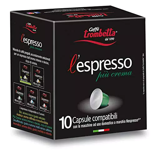 Caffè Trombetta L'Espresso, Capsule Compatibili Nespresso, Più Crema - 10 Capsule