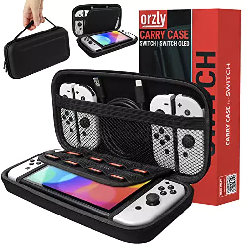 Custodia da trasporto Orzly compatibile con Nintendo Switch e New Switch Console OLED - Custodia protettiva da viaggio portatile rigida nera Custodia a conchiglia con tasche per accessori e giochi