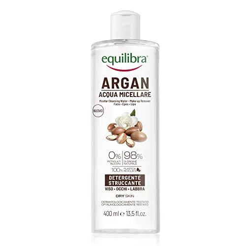 Equilibra Viso, Argan Acqua Micellare, Struccante Viso e Occhi a Base di Acido Ialuronico e Tensioattivi di Origine Vegetale, Deterge e Strucca con Delicatezza, 400 ml