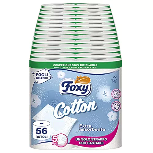 Foxy Cotton| Carta igienica 5 veli, 56 rotoli, 120 strappi per rotolo