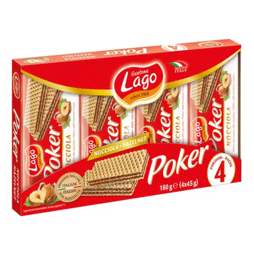 LAGO, Poker Nocciola 4x45g, Wafer con Vellutata Crema alla Nocciola 75% con 3 Strati Friabili di Wafer