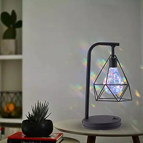 Lampada Decorativa con Lampadina a Batteria, Paralume in Filo Metallico Nero Retrò
