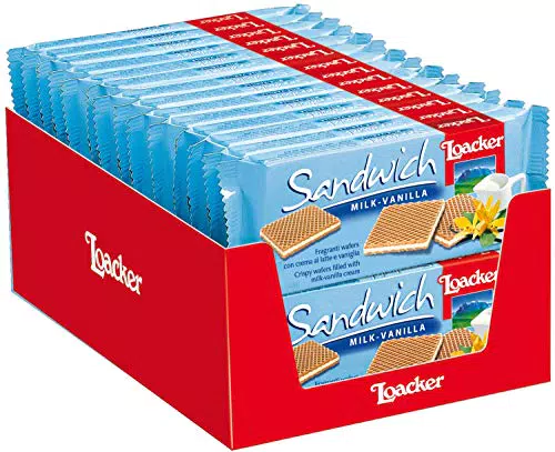 Loacker - Sandwich Milk-Vanilla - Biscotti Wafer con Cuore di Crema al Latte e Vaniglia