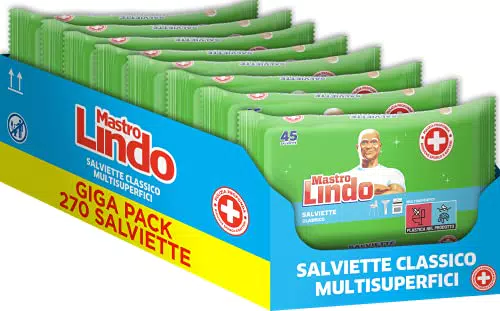 Mastro Lindo Salviette Igienizzanti Multisuperficie, 270 Pezzi (6 x 45 Salviette), Classico, Per Tutte le Superfici, Senza Risciaquo, Fresco Profumo di Pulito, Maxi Formato