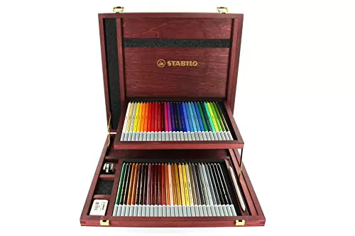 Matita colorata Premium - STABILO CarbOthello - Cassetta in Legno richiudibile con doppio ripiano - 60 Colori assortiti + accessori