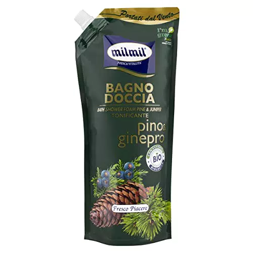 MILMIL Bagno Doccia Pino & Ginepro - Igienizzante - Con Antibatterico Naturale - Fresco Piacere - Con Estratti Biologici - Flaconbusta 750ml