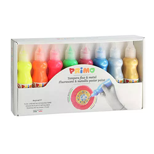 PRIMO- Kit Colori tempere, Multicolore, 8 Bottigliette da 50 ml