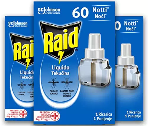 Raid Liquido Elettrico tripla ricarica, efficace contro Zanzare Tigre e Zanzare Comuni 60 Notti
