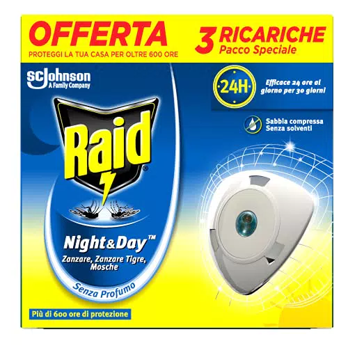 Raid Night & Day Ricarica, Antizanzare Elettrico, Repellente Mosche