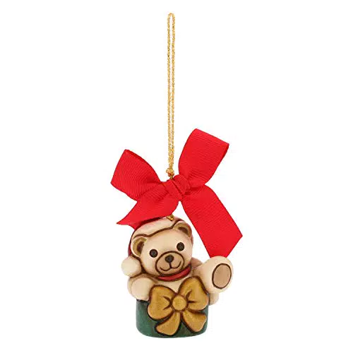THUN - Mini Orso Teddy nel Pacchetto da Appendere - Addobbo Natalizio per Albero con Fiocco Rosso - Ceramica - I Classici