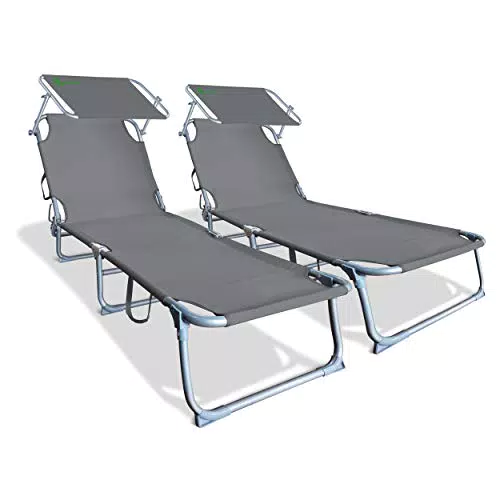 VOUNOT Set di 2 Lettino Prendisole Pieghevole, con Tettuccio Parasole e Schienale Regolabile