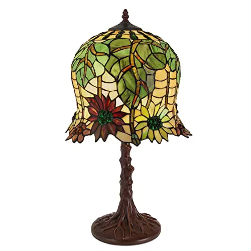 ADM - 'Lampada Girasoli' - Lampada da tavolo con paralume in vetro saldato lavorazione Tiffany e con supporto in metallo bronzato - Verde - H61 cm