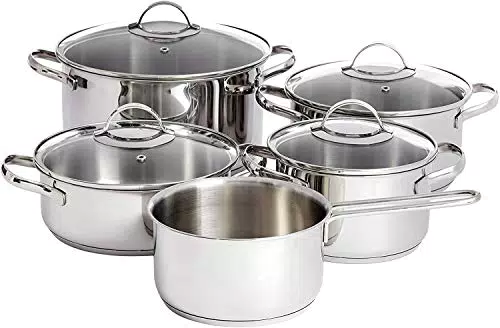 Amazon Basics 9 Pezzi Set di Pentole a Induzione - Acciaio Inox