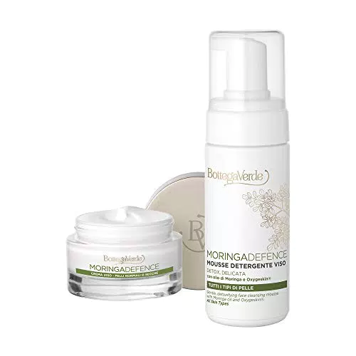 Bottega Verde - Set Moringa Defence - Crema Viso Detox Illuminante Antirughe per Pelli Normali o Secche e Mousse Detergente Viso Detox Delicata - Con Olio di Moringa e Oxygeskin