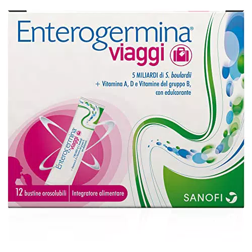 Enterogermina Viaggi, Integratore Alimentare per Regolarità Intestinale con Probiotici e Vitamina A, 12 Bustine Gusto Fragola