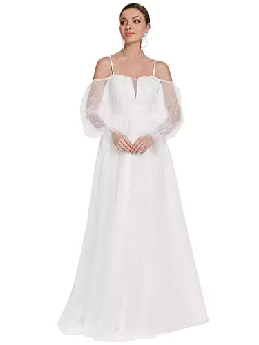 Ever-Pretty Abiti da Cerimonia Stile ImperoTracolla Tulle Regolabile Scollo a V Linea ad A Lungo Taglia Grossa da Donna Bianco 40EU