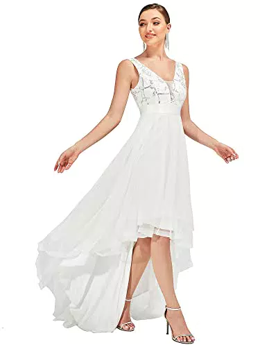 Ever-Pretty Vestiti da Sera Ballo Scollo a V Orlo Alto-Basso Stile Impero Abiti da Damigella Donna Bianca 44