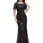 Ever-Pretty Vestito da Festa Donna Sirena Paillettes Tulle Abito da Sera Manica Corta Lungo Nero 54