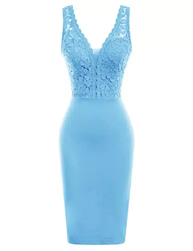 GRACE KARIN Abito Elegante Tinta Unita per Donne Senza Maniche Abito Elastico da Cocktail da Party Azzuro L